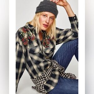 Zara Western Plaid Floral Rhinestone Embellished Snap Button Shirt Boho Flannel